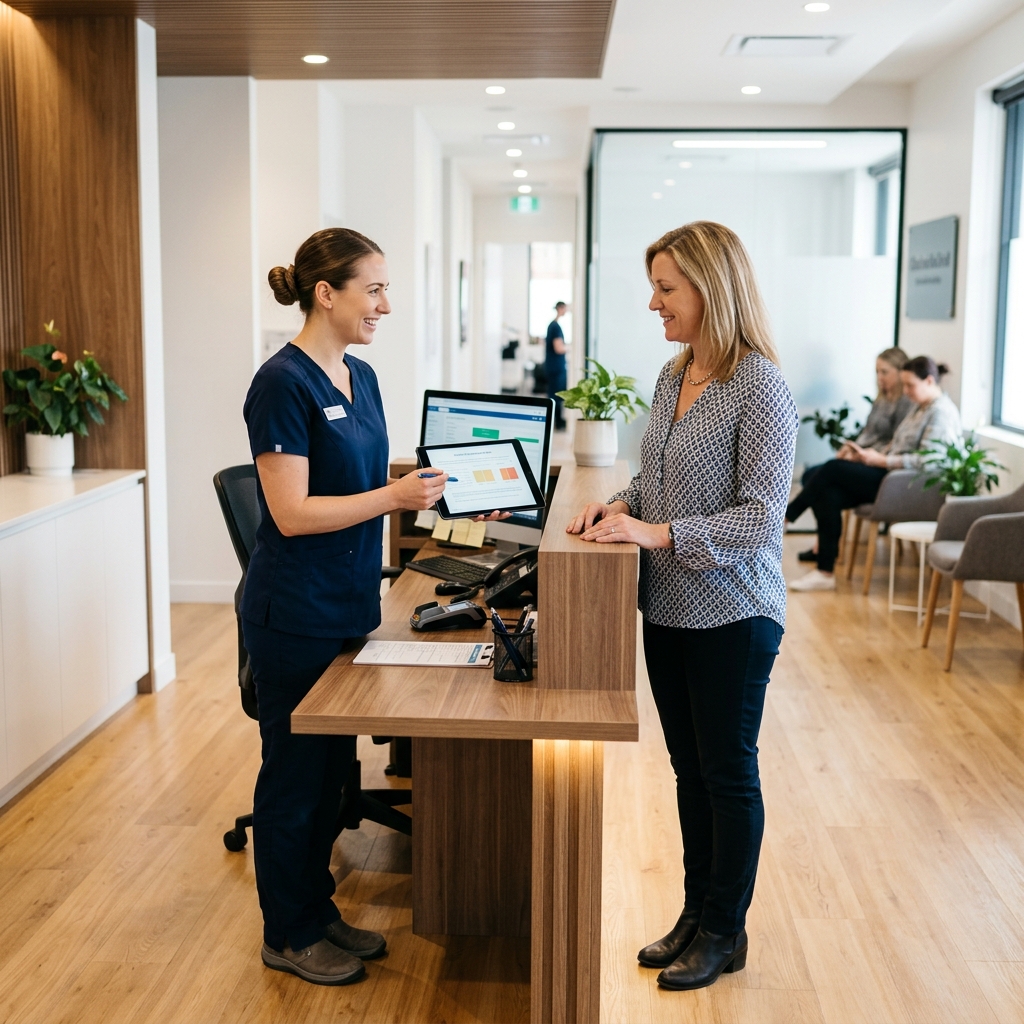 Helpful dental office administrator assisting with affordable care options